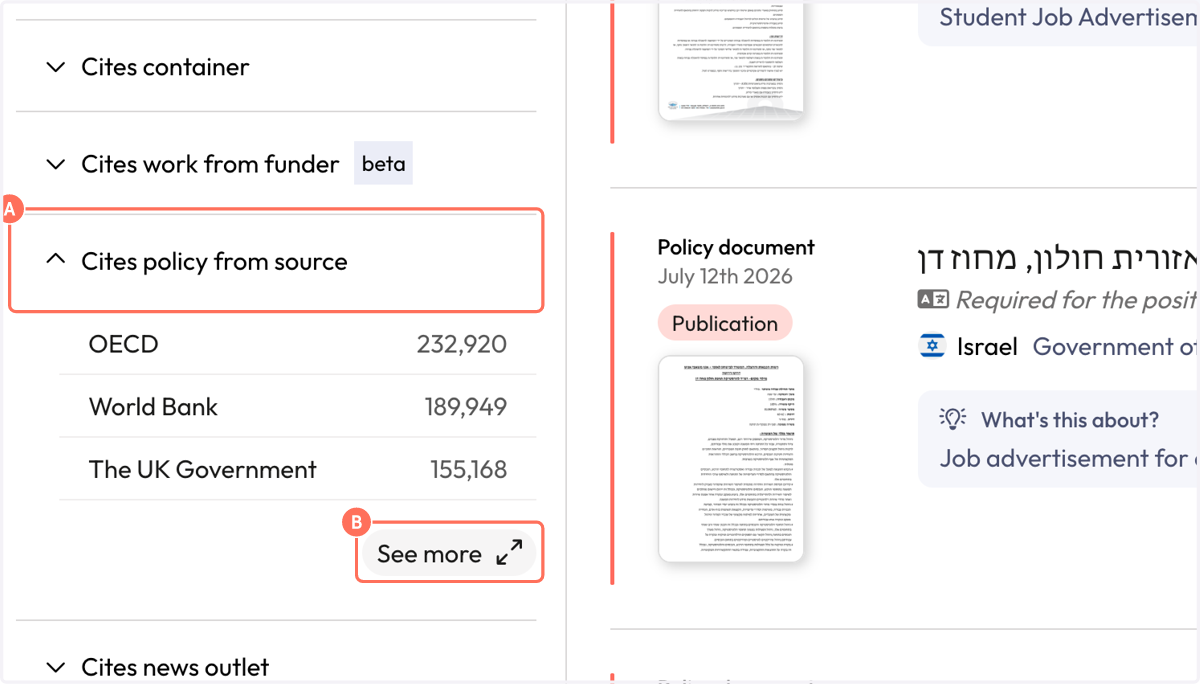 A. Click on 'Cites policy from source' filter to expand. B. Click on 'See more' to search for your policy organisation.