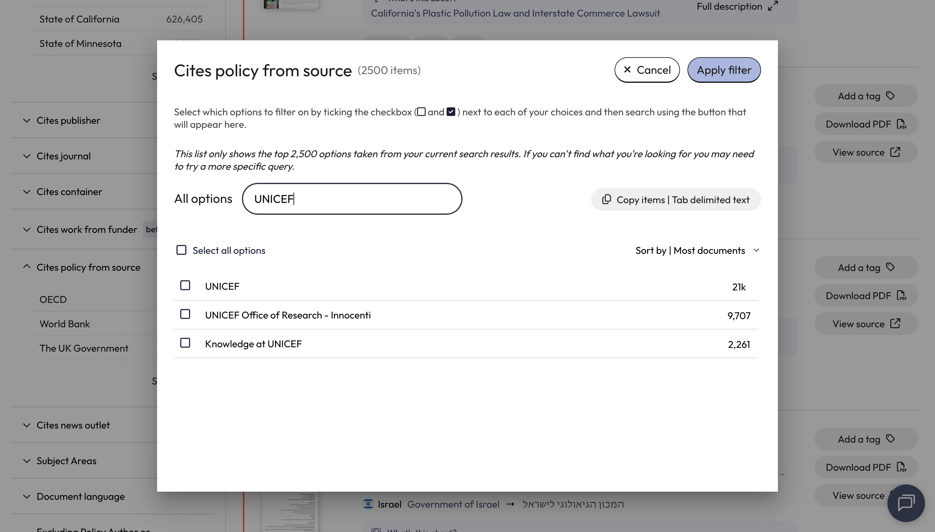 In the filter, enter the name of your policy organisation into the search box