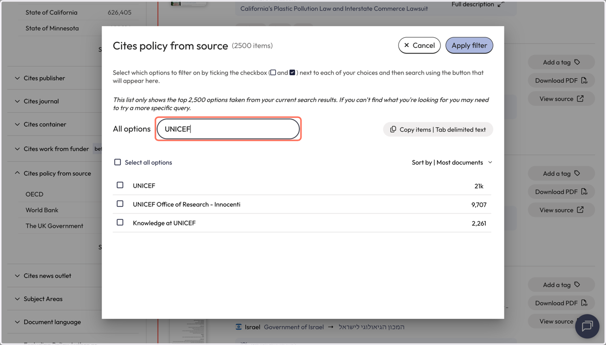 In the filter, enter the name of your policy organisation into the search box
