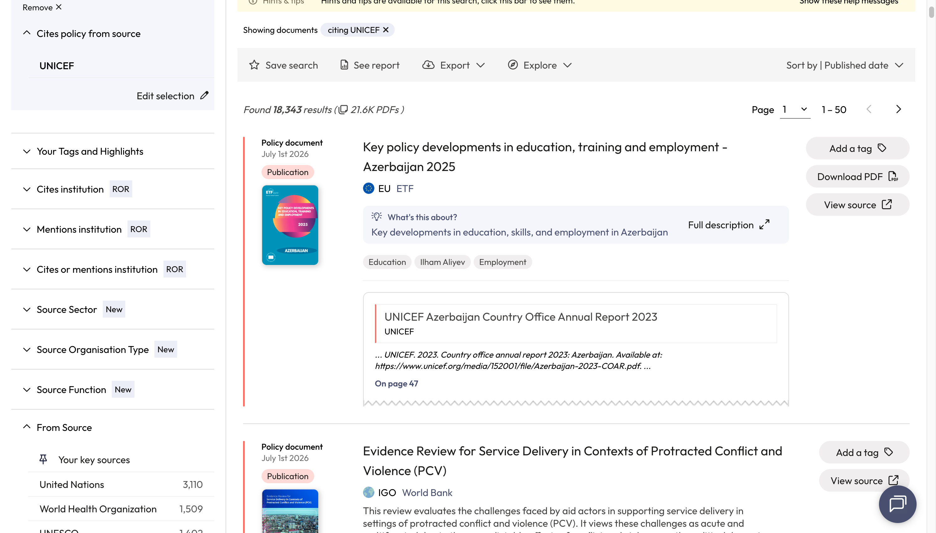 Each result includes the name of the citing policy document, the policy source and a snippet of context to indicate where the citation of your publication was found.