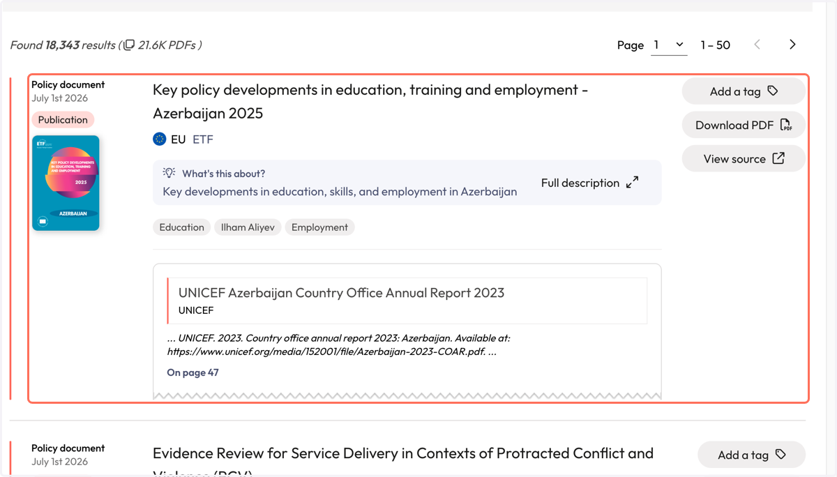 Each result includes the name of the citing policy document, the policy source and a snippet of context to indicate where the citation of your publication was found.