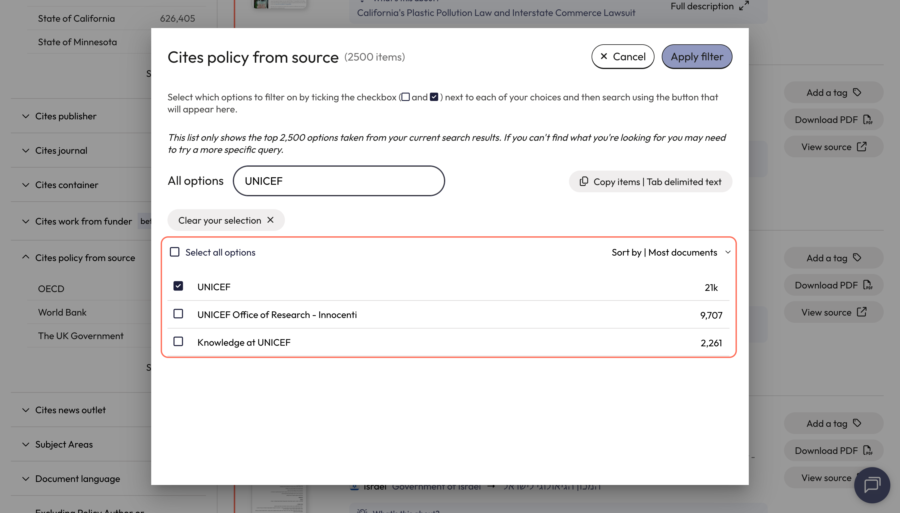 Select the relevant organisation by checking the box next to the name. Click 'Apply filter' to launch the search.