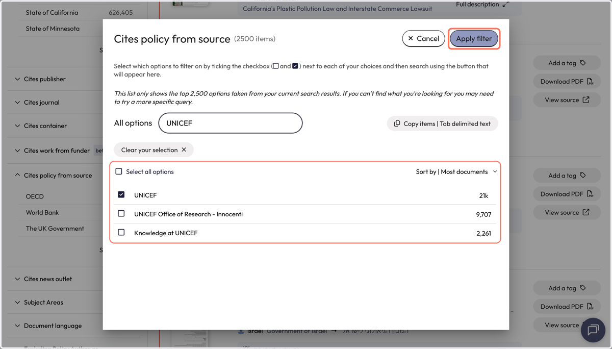 Select the relevant organisation by checking the box next to the name. Click 'Apply filter' to launch the search.