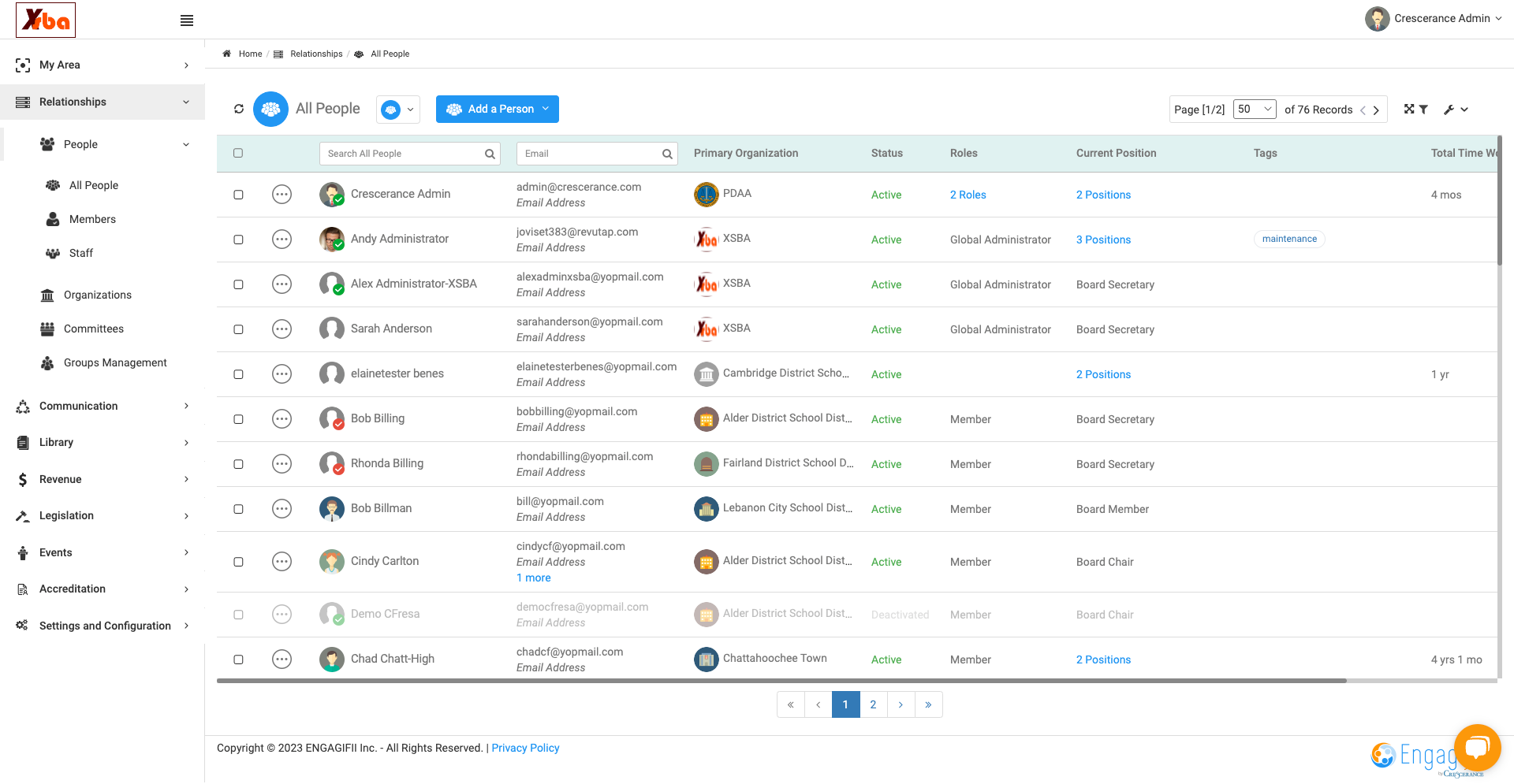 View all the people (members, staff) in your database. Those names that are grayed out are inactive members. Scroll to the right to view all columns for more details. You can also click on the wrench icon (at the top right) to adjust column views.