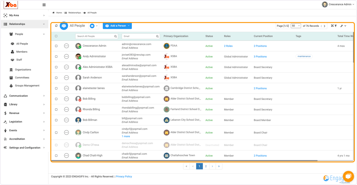 View all the people (members, staff) in your database. Those names that are grayed out are inactive members. Scroll to the right to view all columns for more details. You can also click on the wrench icon (at the top right) to adjust column views.