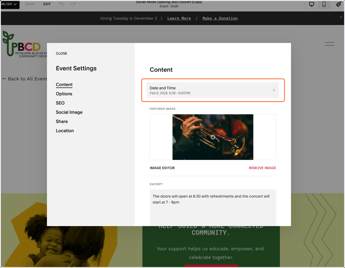 It will open the Event Settings panel. Click on Date and Time.