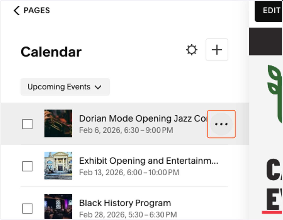 Click on the three dots of any event. If there is an event that you'd like to repeat, click on that event's three dots.