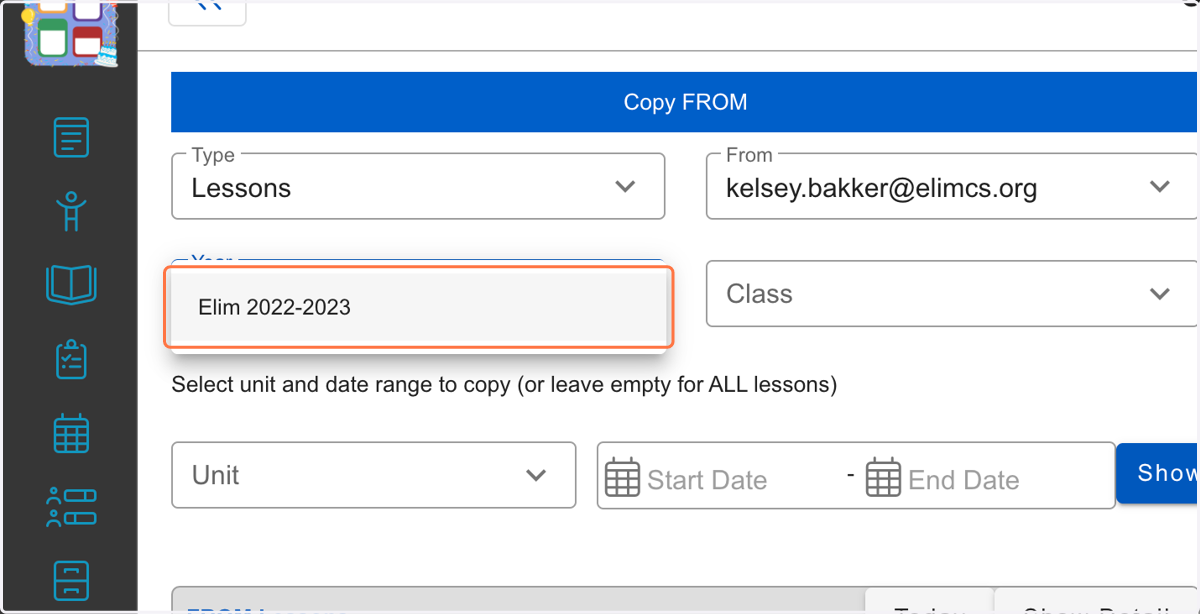 Under Class, click the class you want to copy from the teacher.