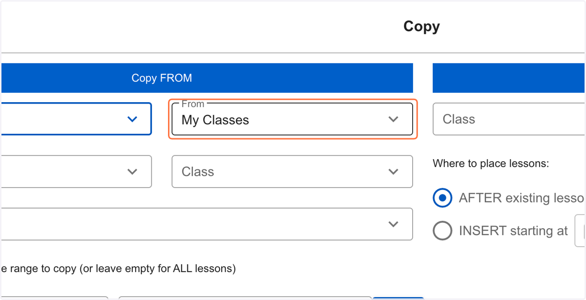 Under From, select the teacher you want to copy from (lesson sharing needs to be enabled first. see tutorial on that before completing these steps)