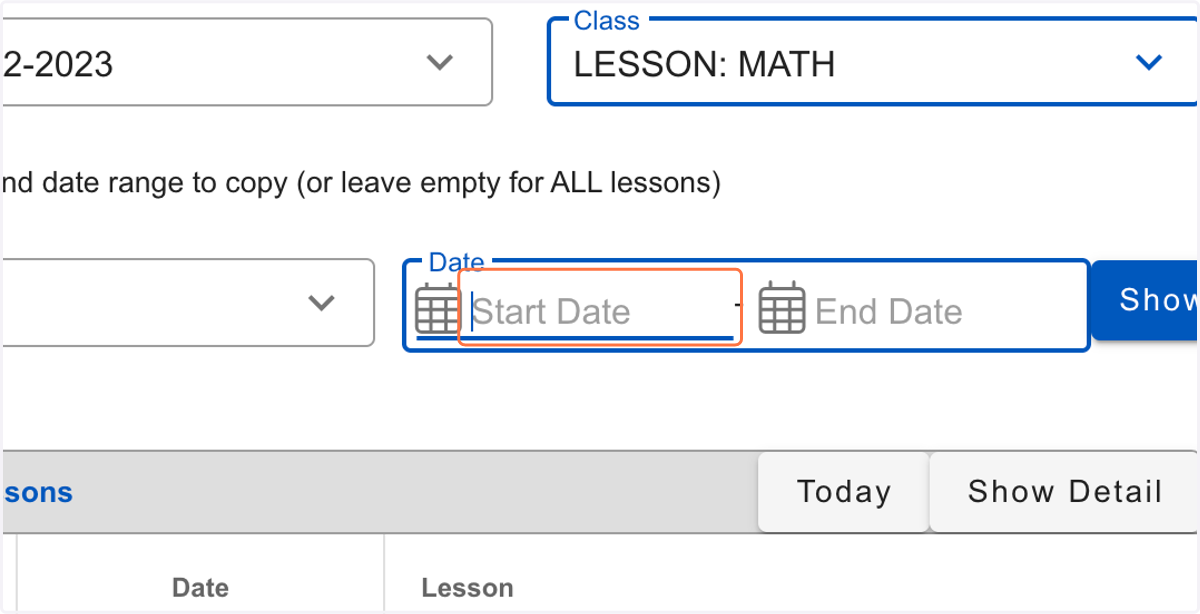 Add the start and end dates for which lessons you want to copy (could be first-last day of school)