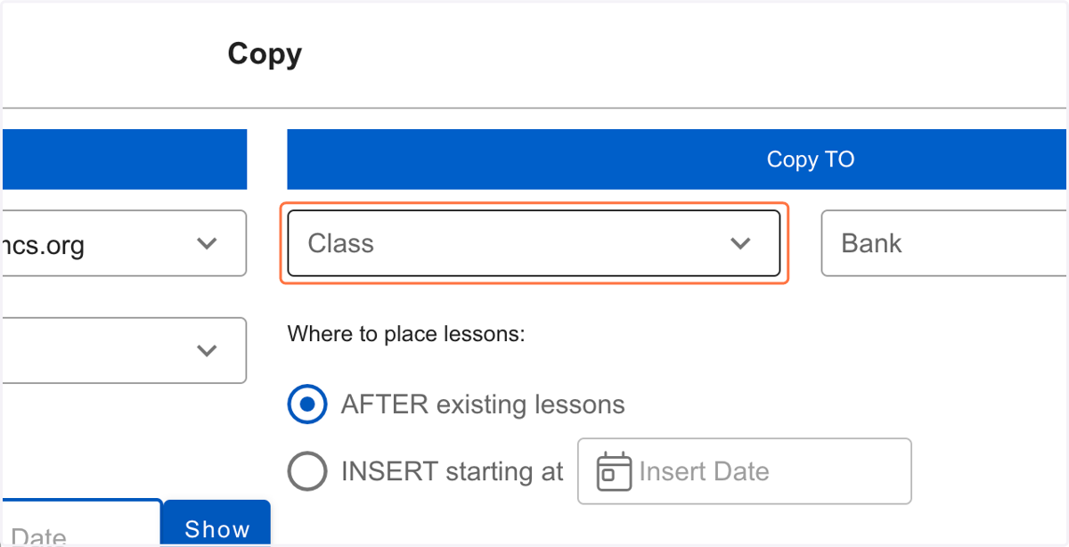 Click the class in your schedule you want the lesson copied into.
