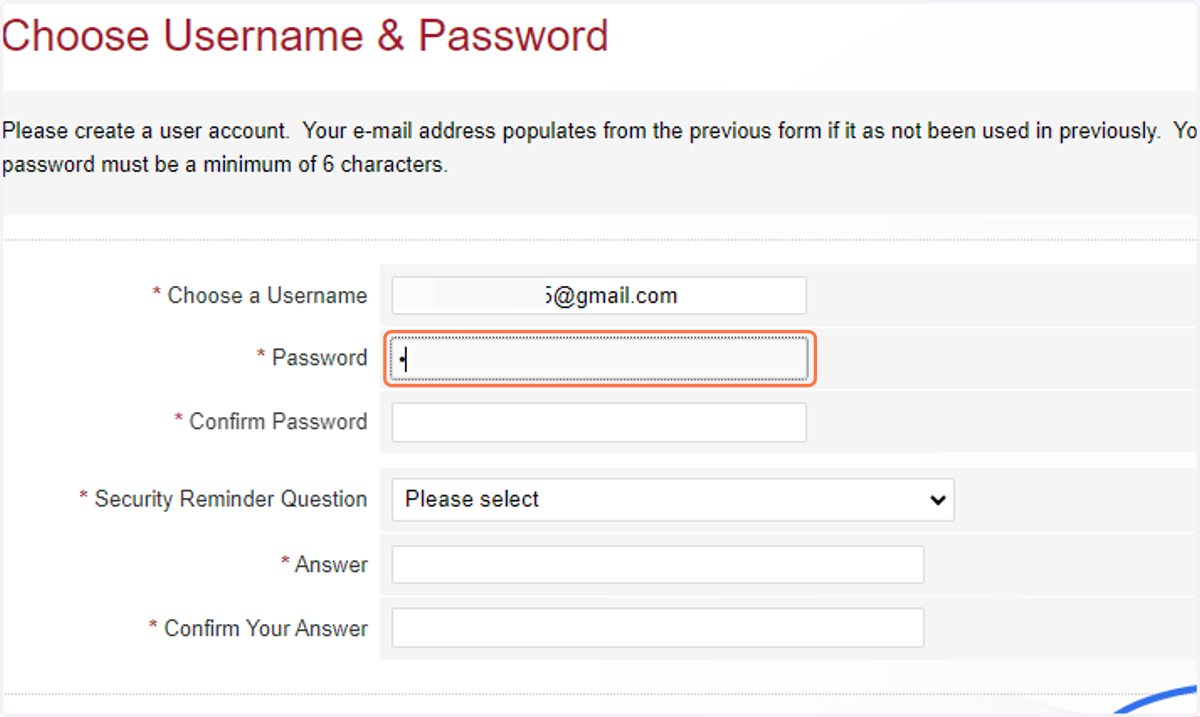 Create username, password and choose security question/answer.