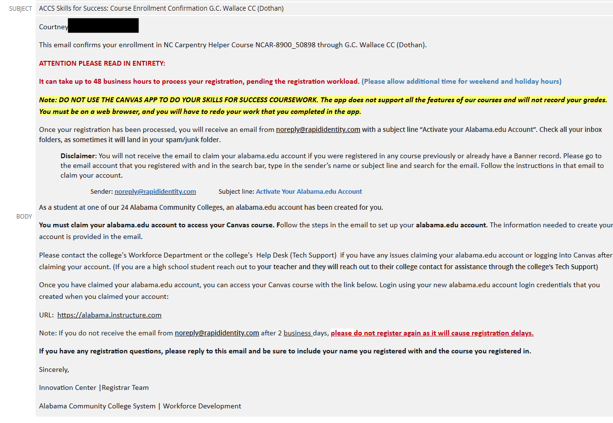Enrollment confirmation email