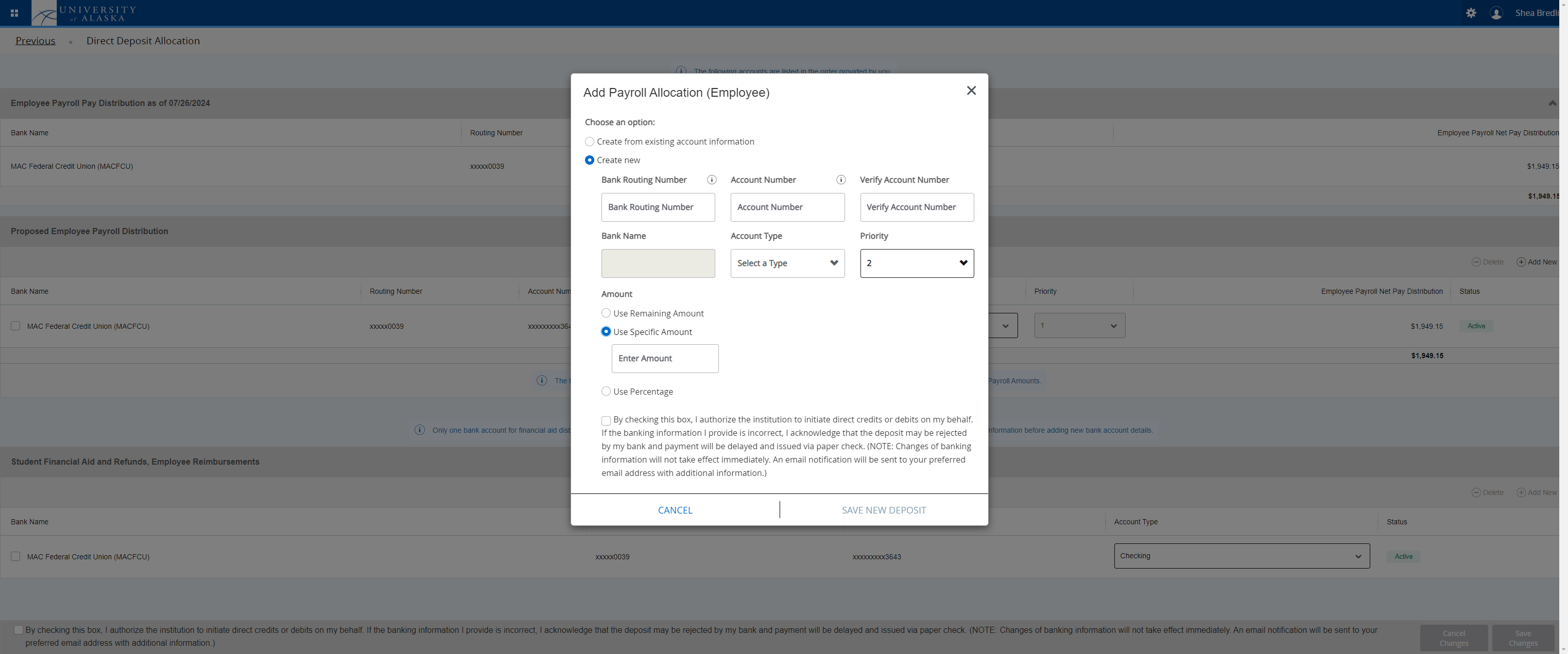 Select Use Remaining Amount, Use Specific Amount or Use Percentage