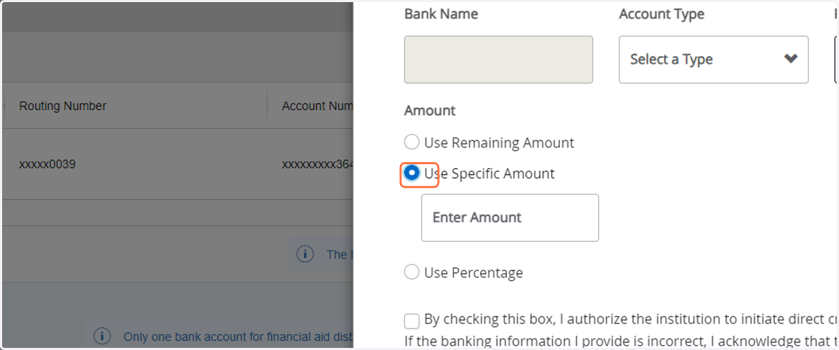 Select Use Remaining Amount, Use Specific Amount or Use Percentage