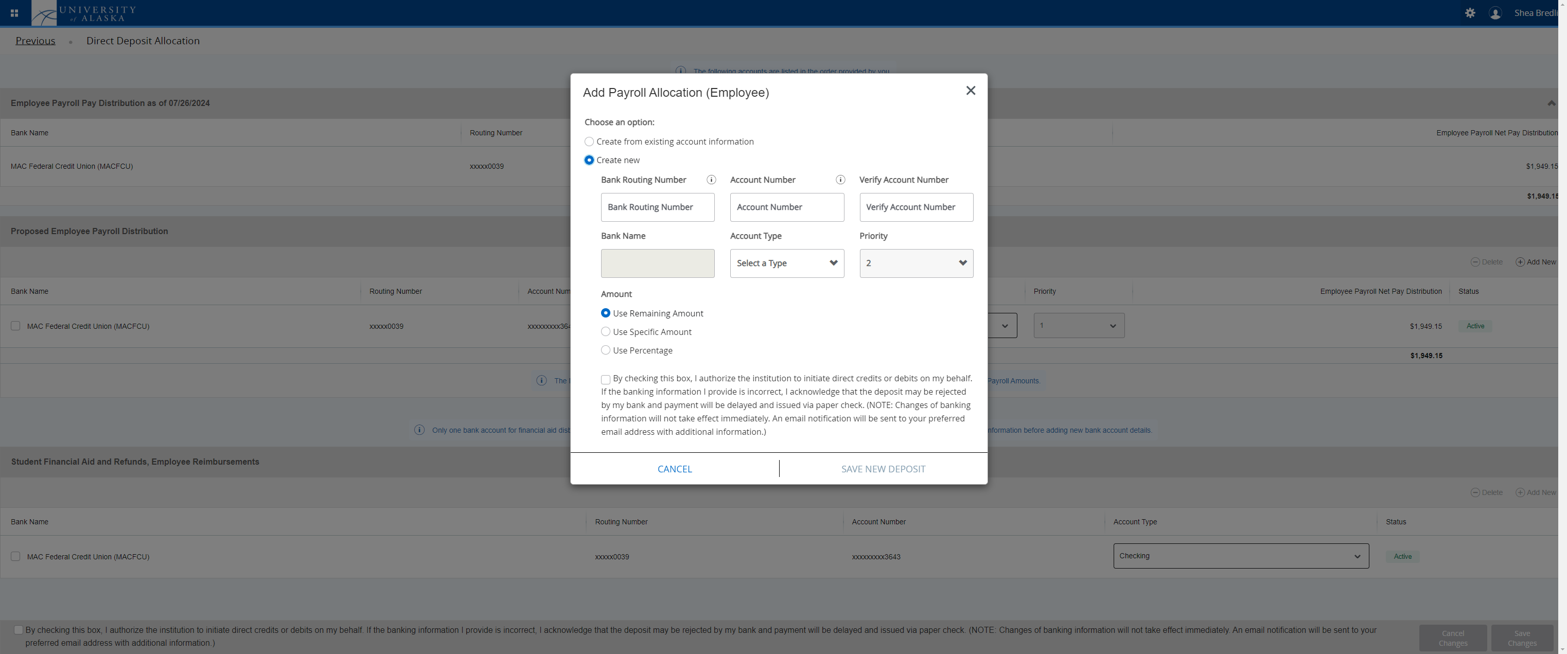 Select Create new and add the routing number and account number you recieved in the mail.