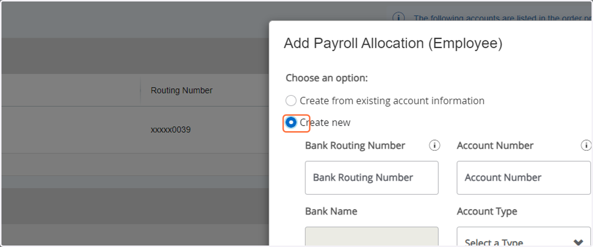 Select Create new and add the routing number and account number you recieved in the mail.