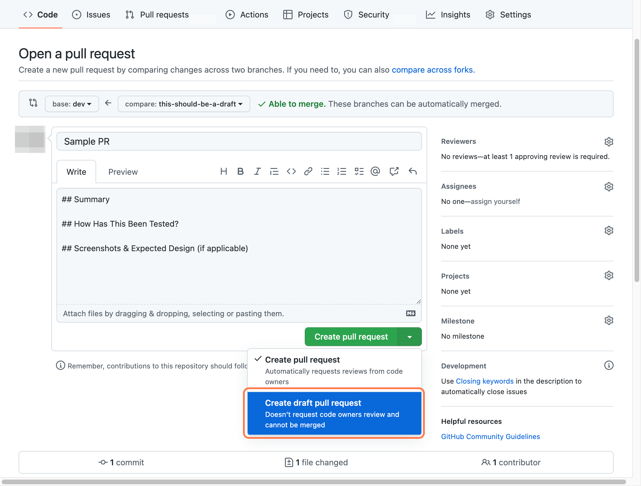 Click on Create draft pull request