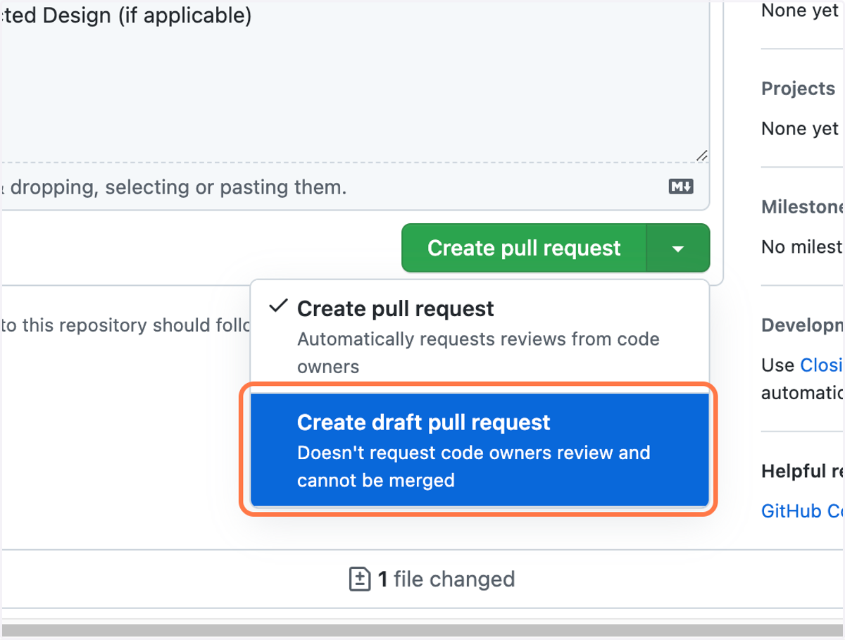 Click on Create draft pull request
