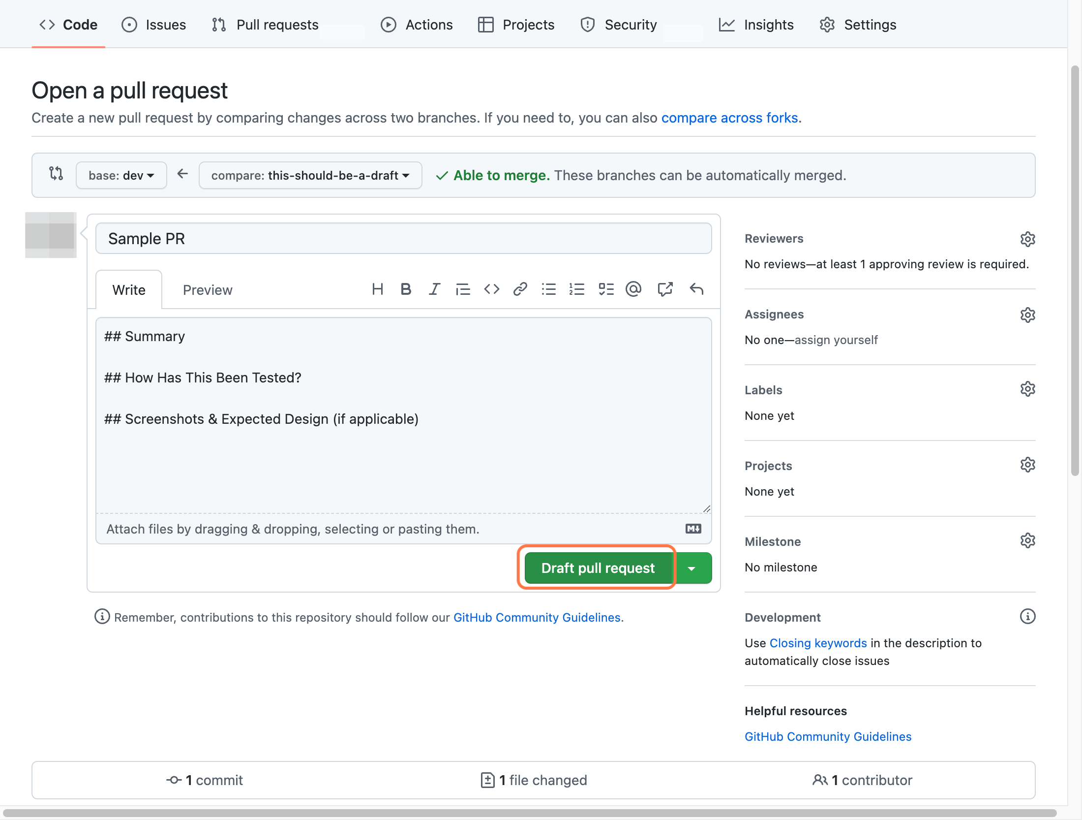 Click on Draft pull request