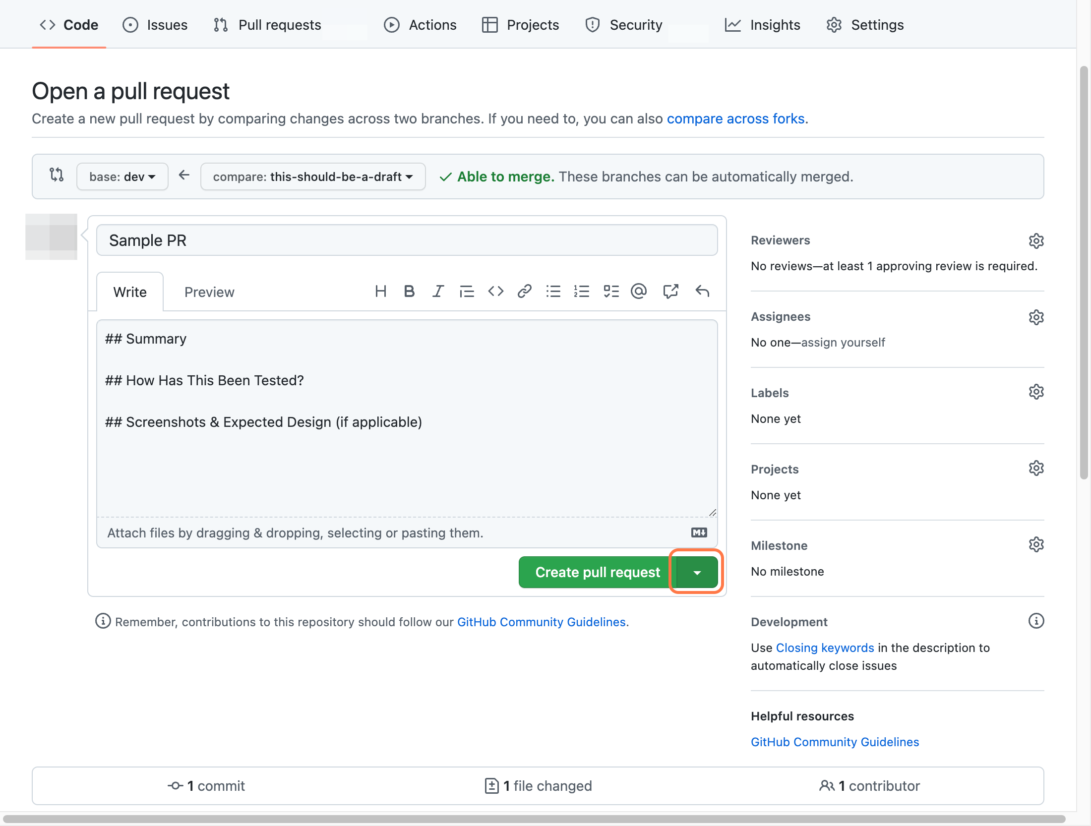 Click on Select a type of pull request