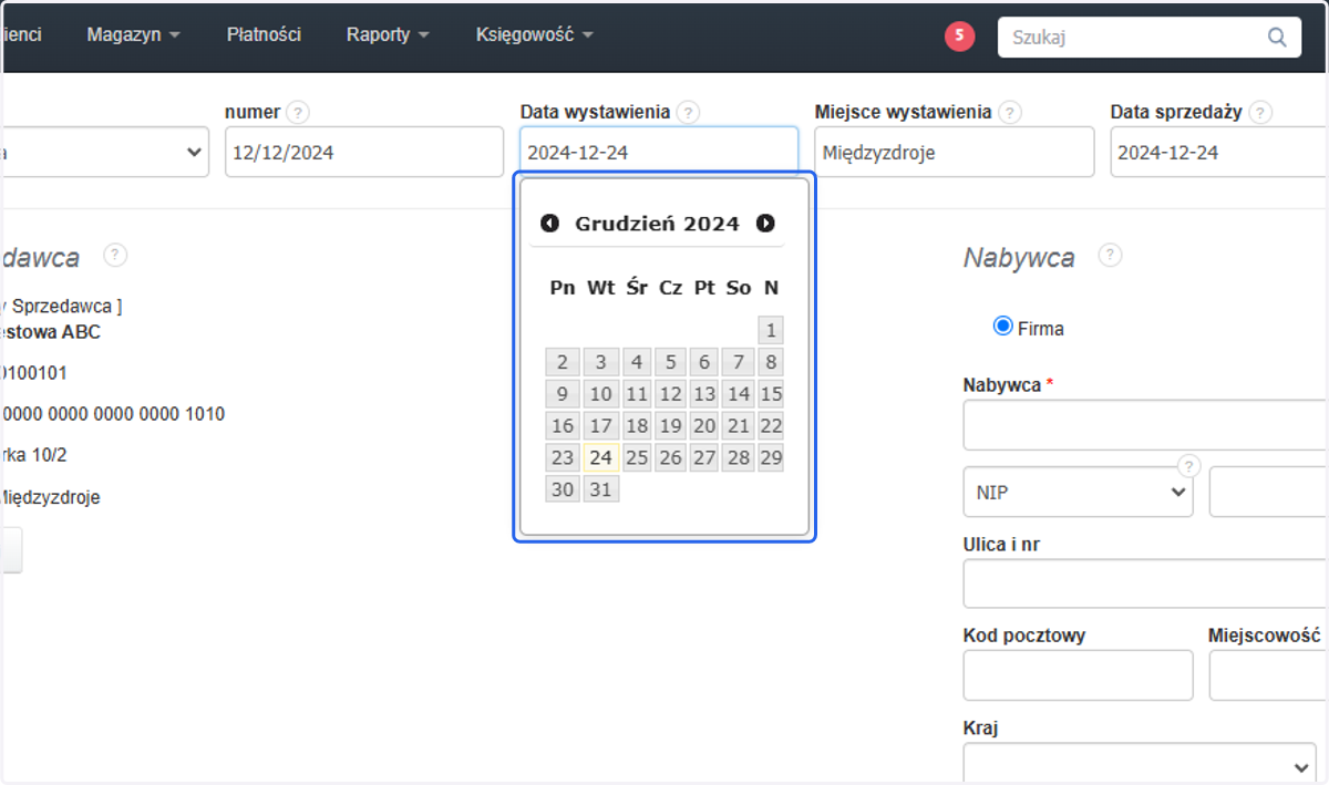 Możesz ją zmienić wpisując datą we właściwym formacie ręcznie lub korzystając z kalendarza.