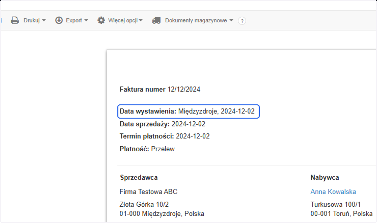 Po uzupełnieniu pozostałych danych niezbędnych do utworzenia faktury oraz zapisaniu, w systemie pojawi się dokument z datą wystawienia, którą określiłeś w formularzu.
