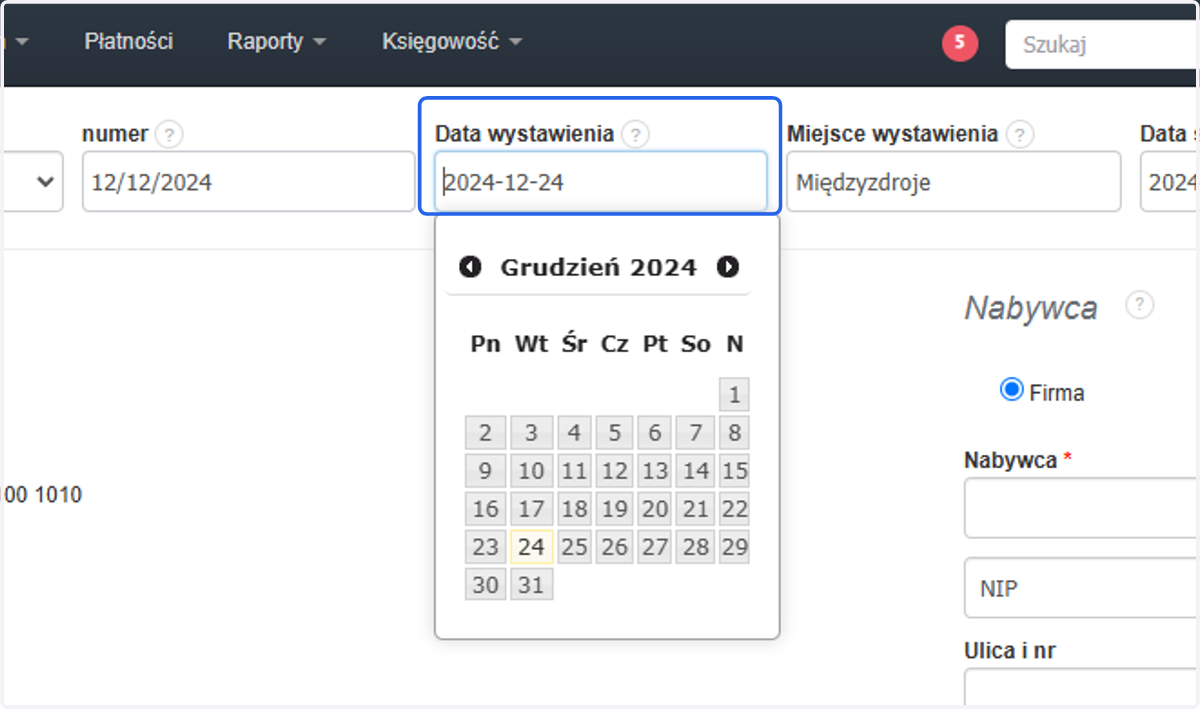 W polu 'Data wystawienia' pojawi się data zgodna z datą tworzenia faktury.