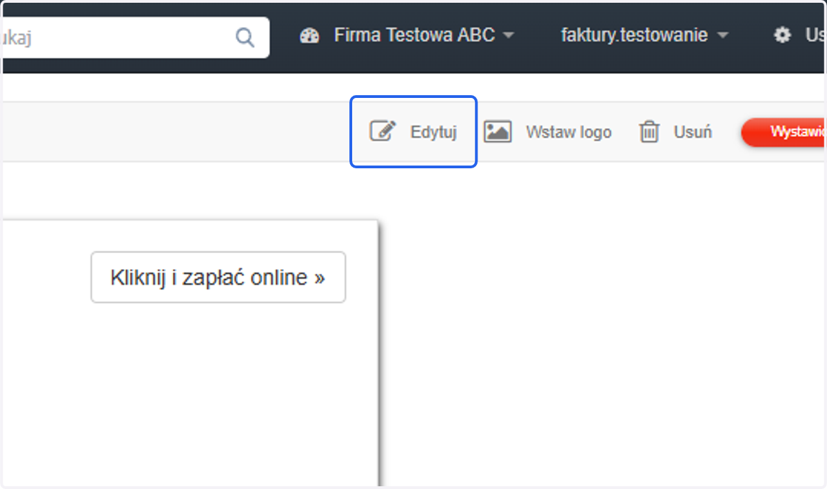 Zapisany dokument możesz edytować, by zmienić datę wystawienia. Z poziomu podglądu faktury kliknij 'Edytuj' w menu podręcznym ponad dokumentem.