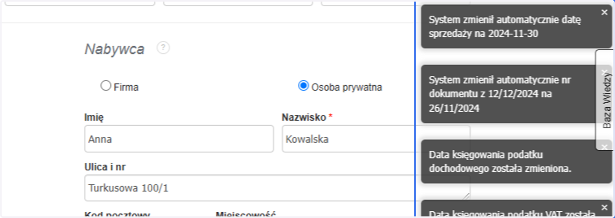 System przy zmianie daty wystawienia, wskaże za pomocą komunikatów, na jakie wartości zmiana daty wystawienia miała wpływ.