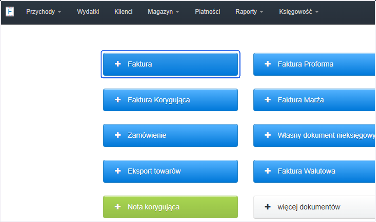 Podczas tworzenia faktury, system automatycznie uzupełnia datę wystawienia zgodnie z datą tworzenia dokumentu. Możesz ją zmienić ręcznie. Aby sprawdzić działanie systemu, przejdź do formularza tworzenia faktury korzystając z przycisku '+ Faktura' lub
