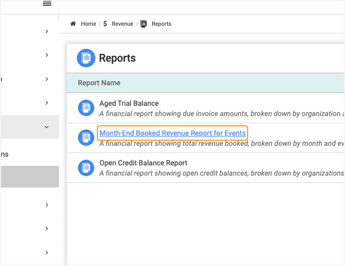 Click on Month-End Booked Revenue Report for Events