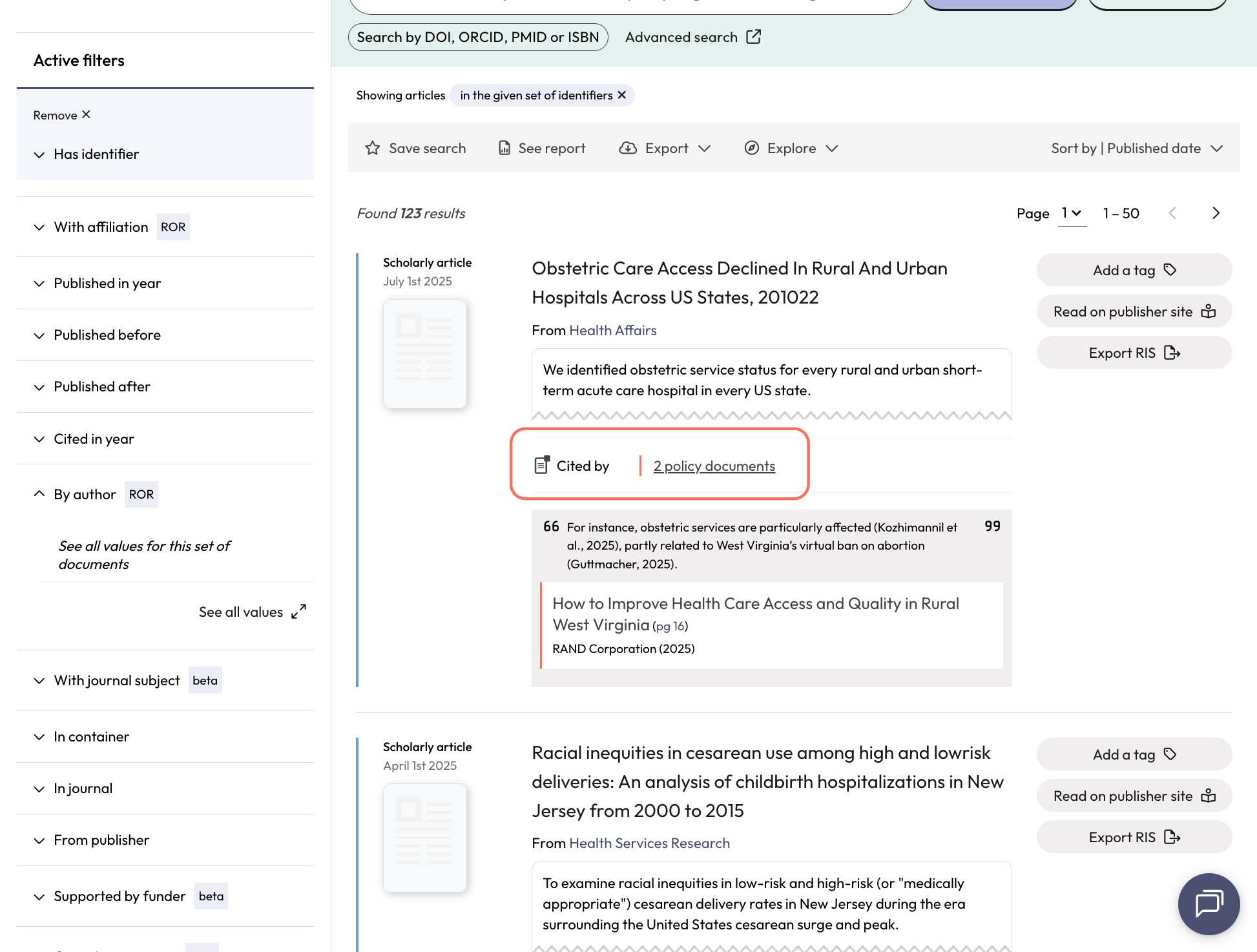 A result shows the name of the article, where it was published, the number of citing policy documents.