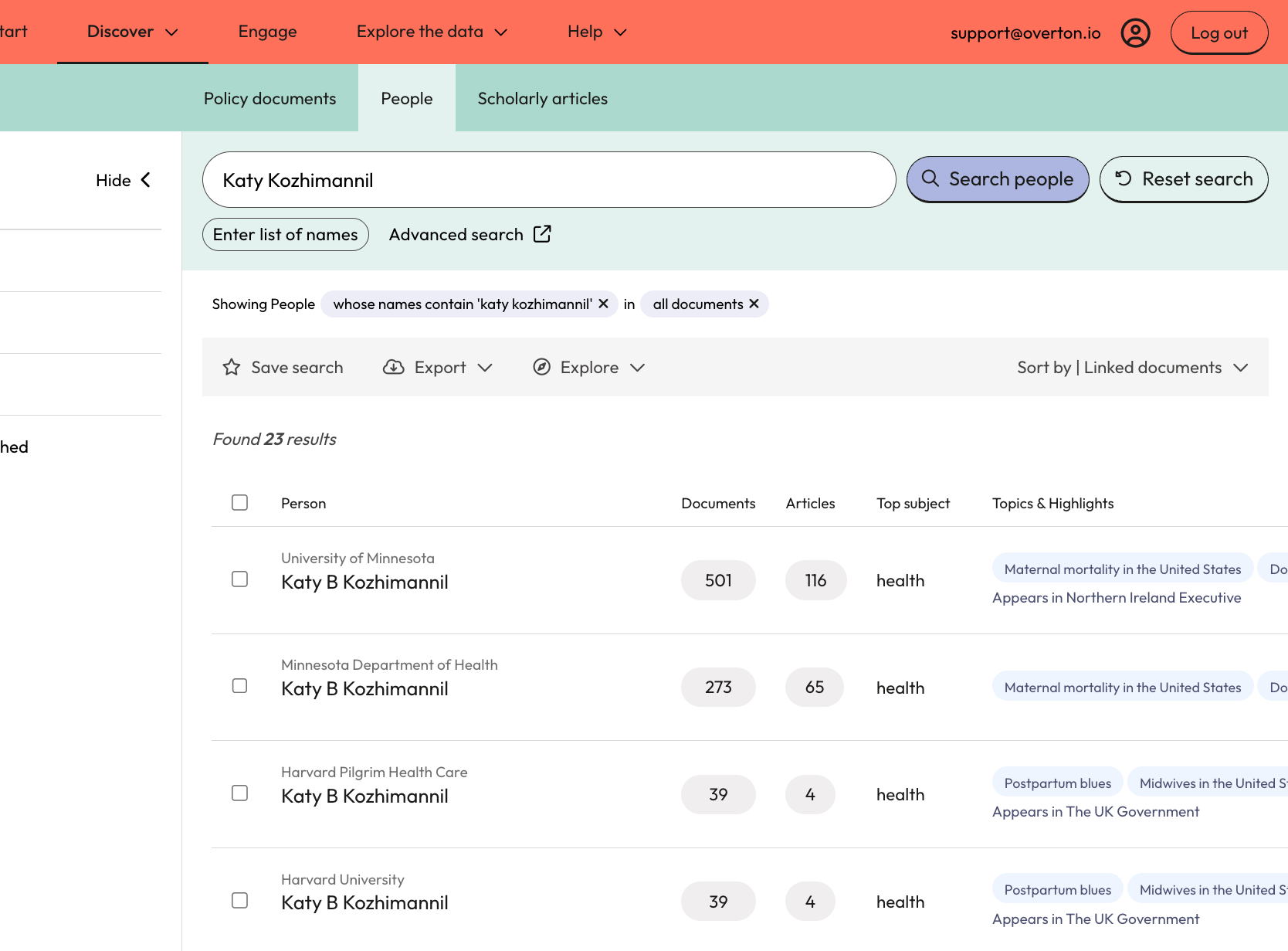 A result includes the number of citing policy documents and the number of cited articles. Both numbers are clickable links that take you to either the policy document or article results.