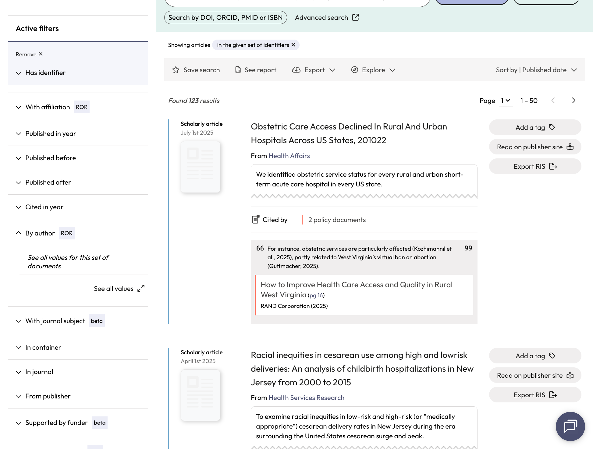 You will be taken to the 'Scholarly Articles' page where you can the articles that are cited in policy for the selected people.