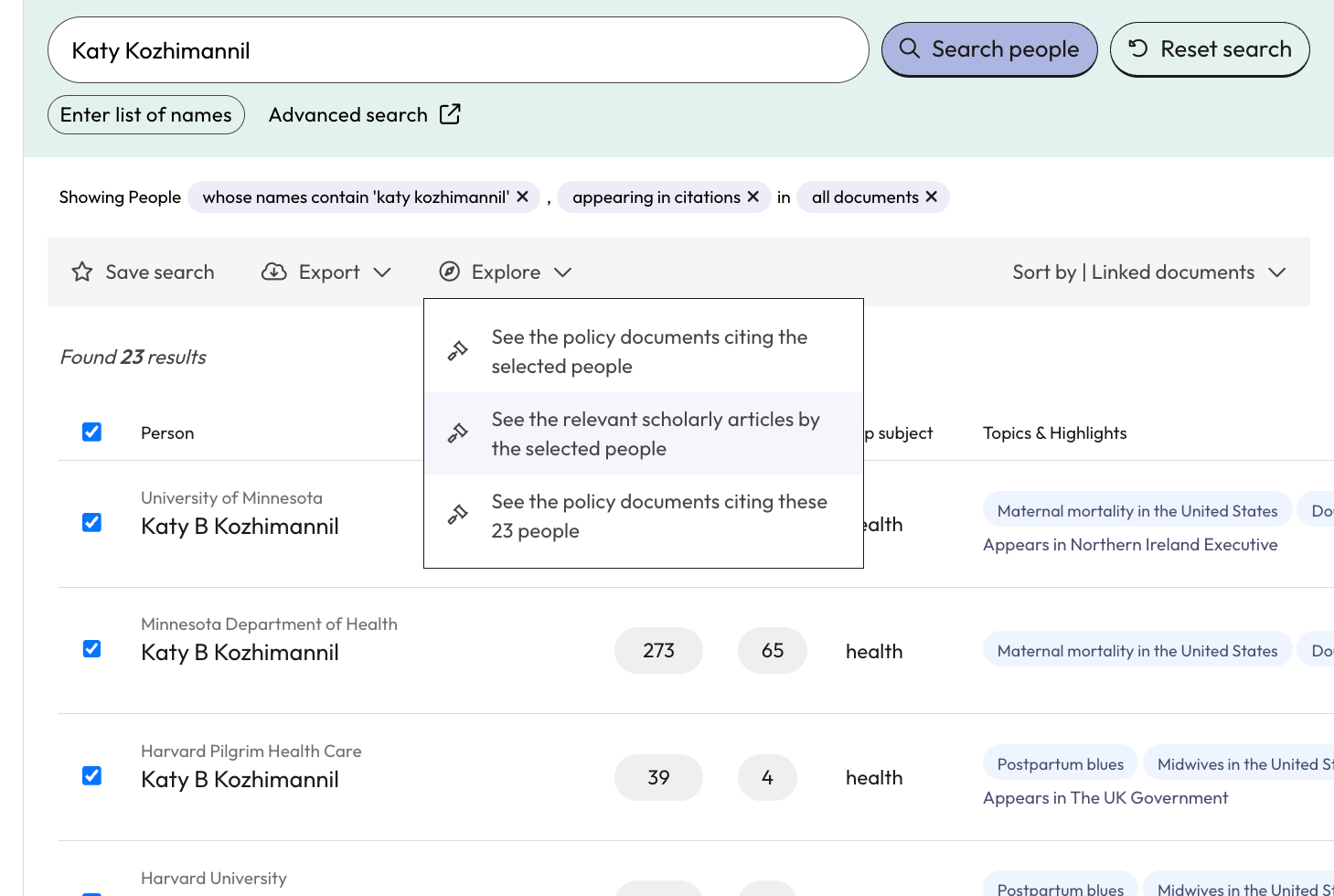 From 'Explore' click on 'See the relevant scholarly articles by the selected people'.