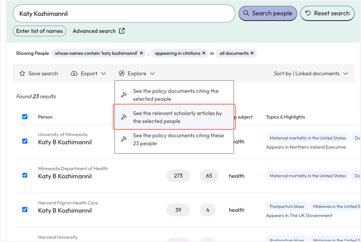 From 'Explore' click on 'See the relevant scholarly articles by the selected people'.