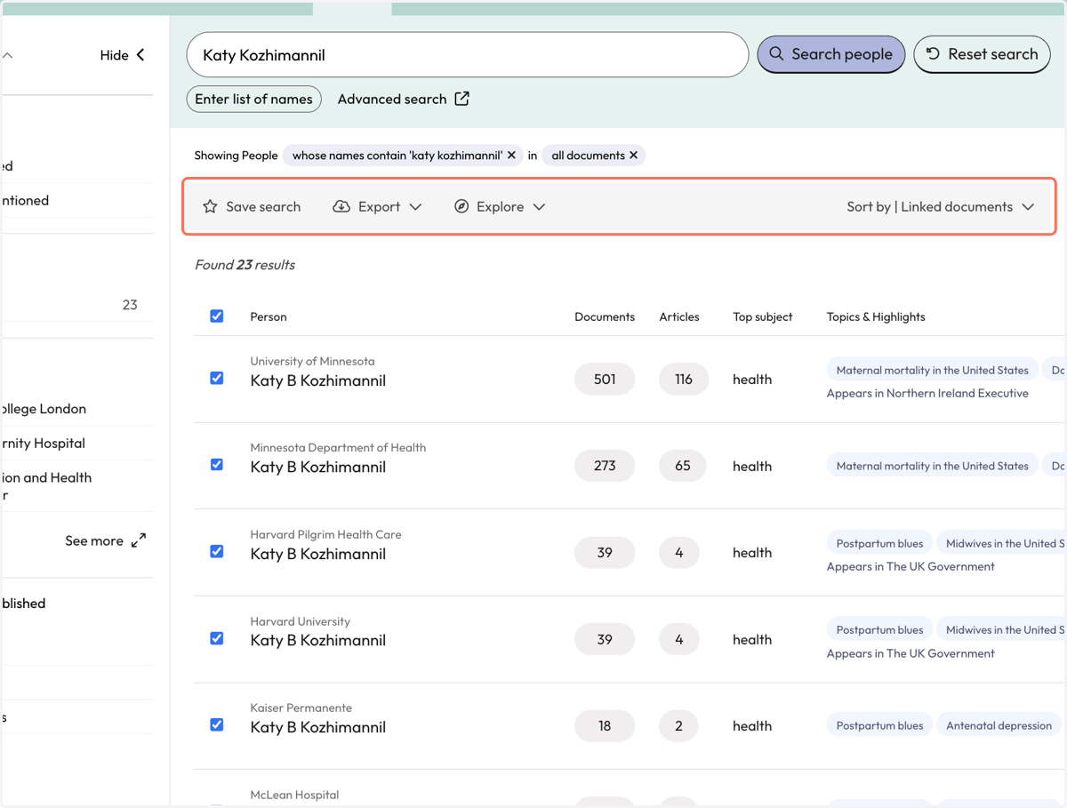 Once your results are selected, use the grey action bar to save the search, export, or explore results collectively.