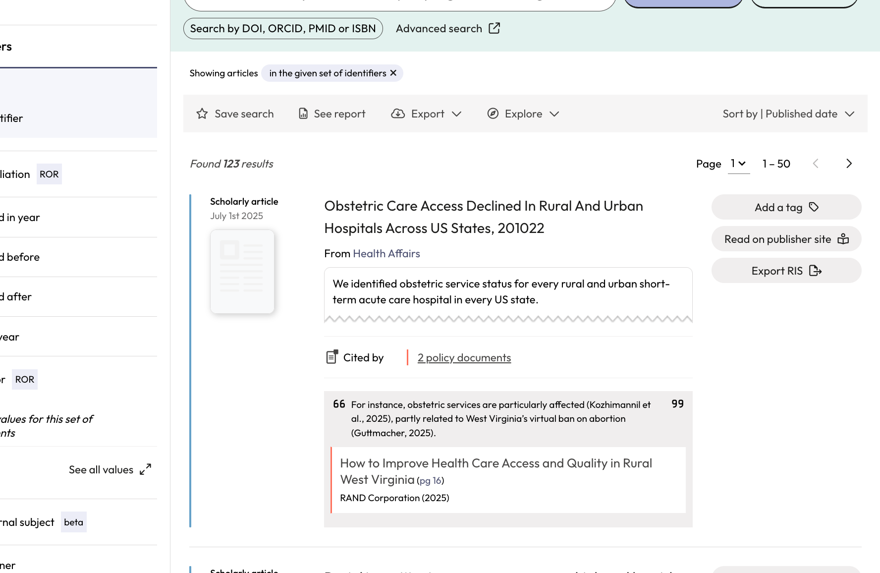 Use the action bar to save a search, generate a summary report*, export* or explore further