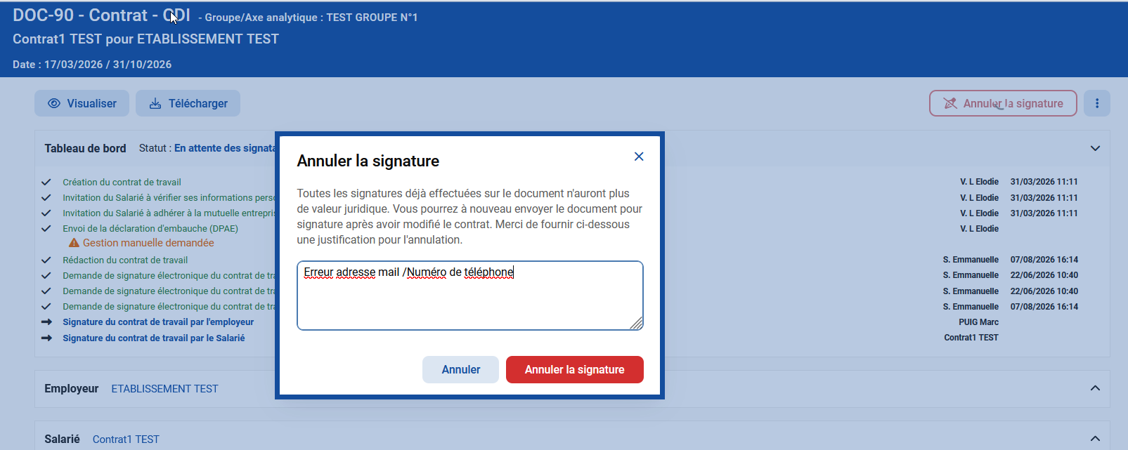 Renseigner le motif et cliquer sur "Annuler la signature".