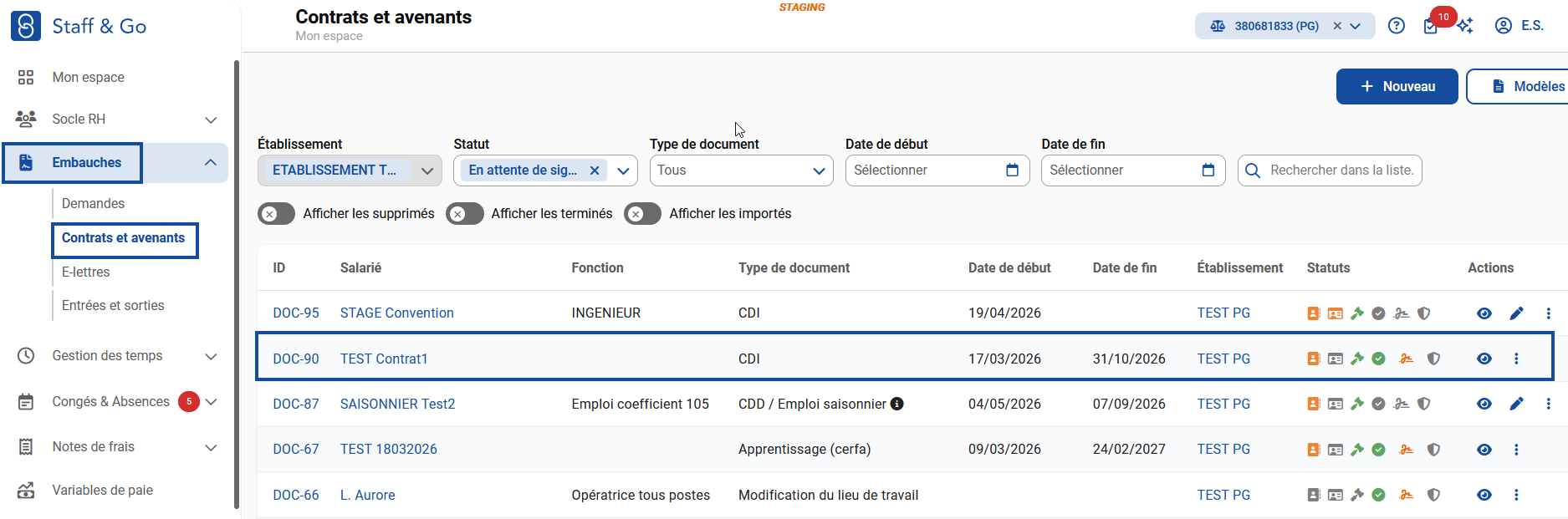 Module Embauches + Contrats et avenants.