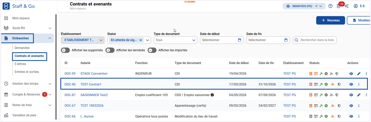 Module Embauches + Contrats et avenants.