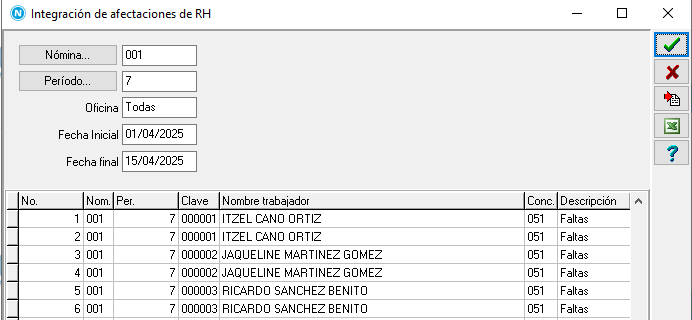 Una vez termine el proceso en la parte de abajo se colocaran las incidencias, para este ejemplo se colocaron faltas en los días 11 y 12 de abril a 5 empleados.