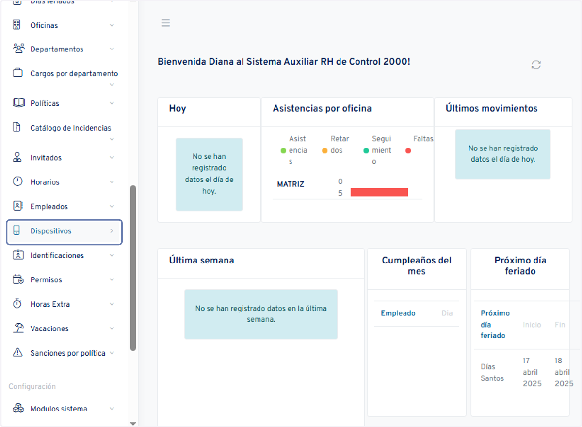 Una vez en el sistema nos dirijimos a "Dispositivos"
