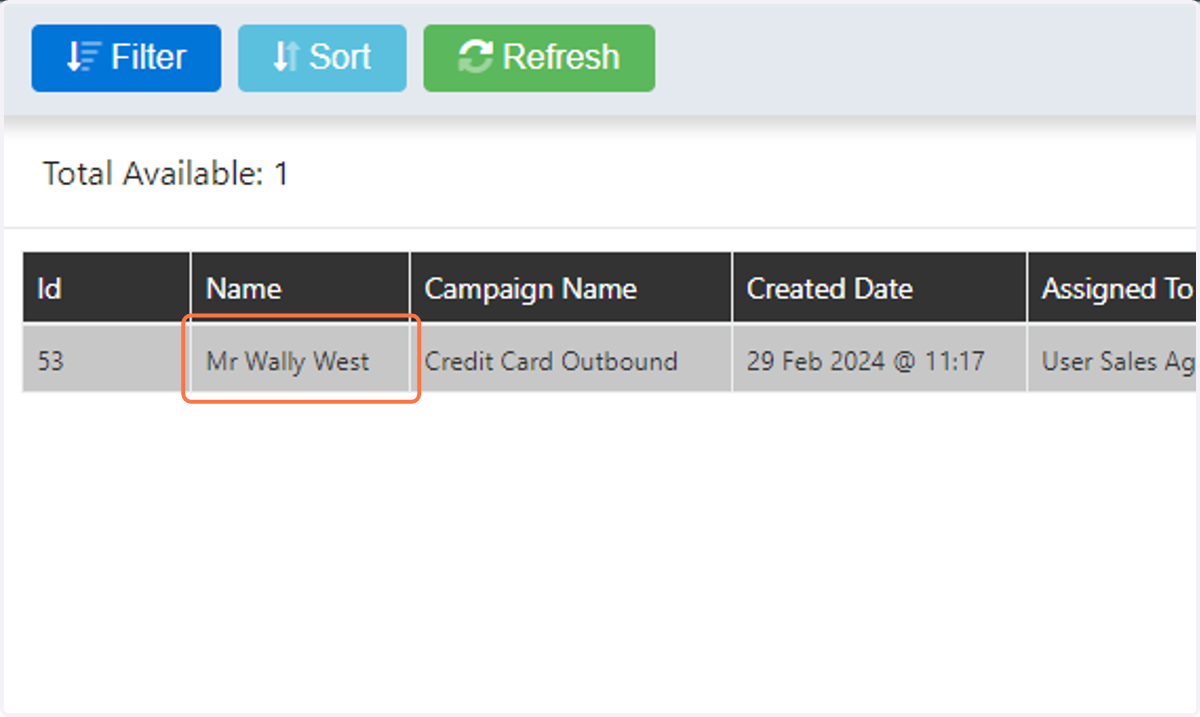 Click on the client name to open the lead