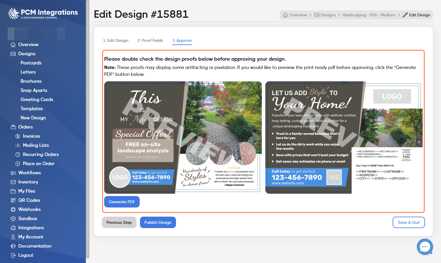 Double-check the proof and, if ready, click on Publish Design