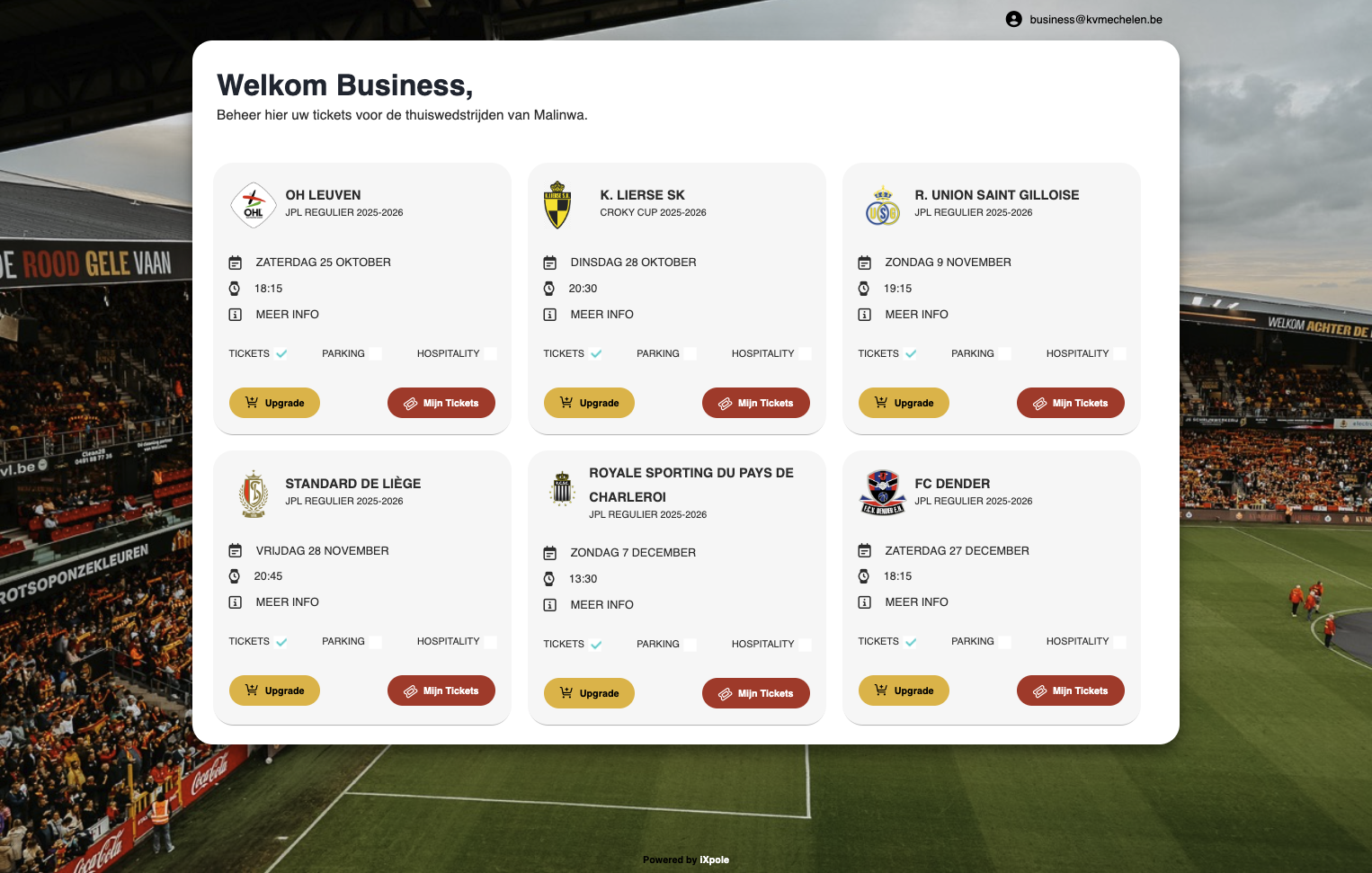 Eens ingelogd op business.kvmechelen.be klikt u rechtsboven op uw mailadres.