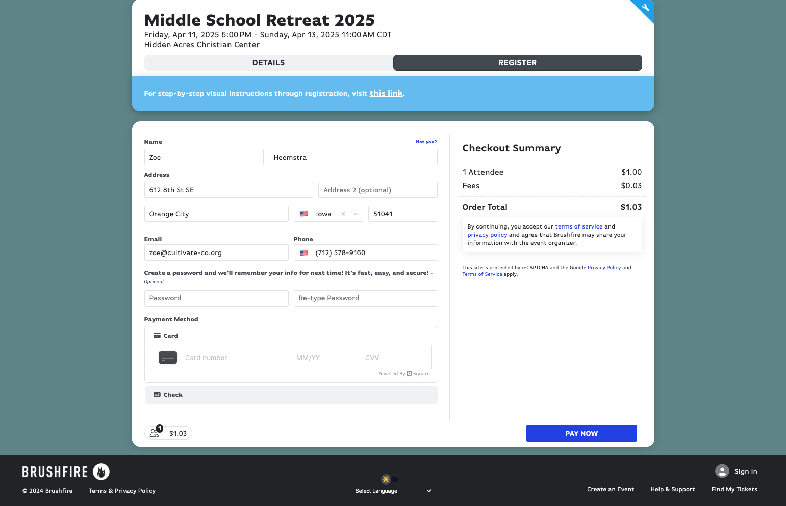 Fill in your card information OR select Check.