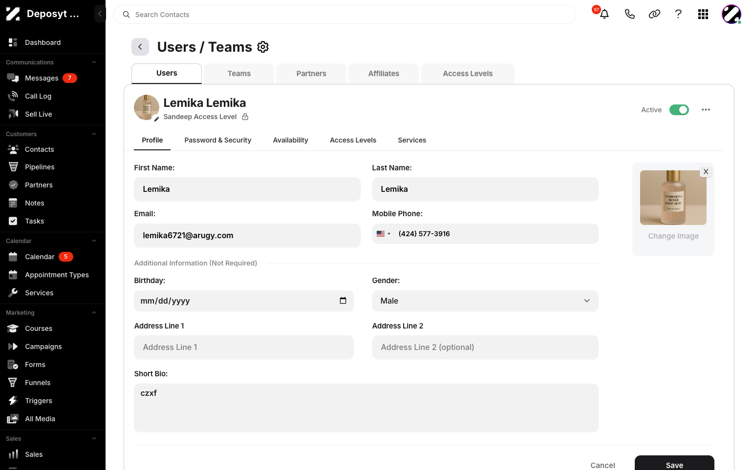 Step 5: From here, you can edit the user’s first name, last name, email, mobile phone, birthday, gender, address, and short bio. You can also change the profile picture here.