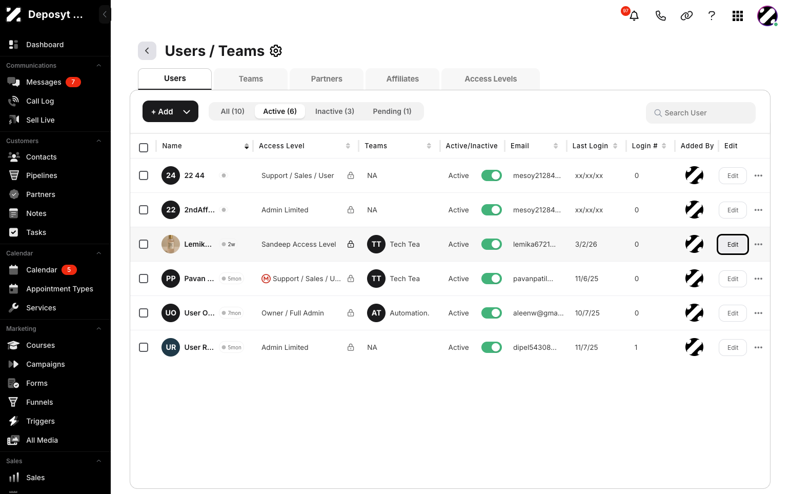 Step 4: You will now be on the Users tab, which opens by default. Click the Edit button for the user you want to update.